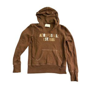 Aeropostale Brown Pullover Hoodie With Kangaroo Pocket & Embroidered Logo Medium